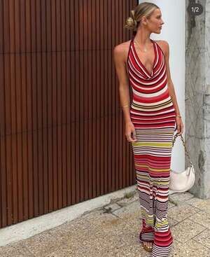 SOVERE Studio Pandora Knit Stripe Halter Maxi Dress Cowl Neck Crochet M